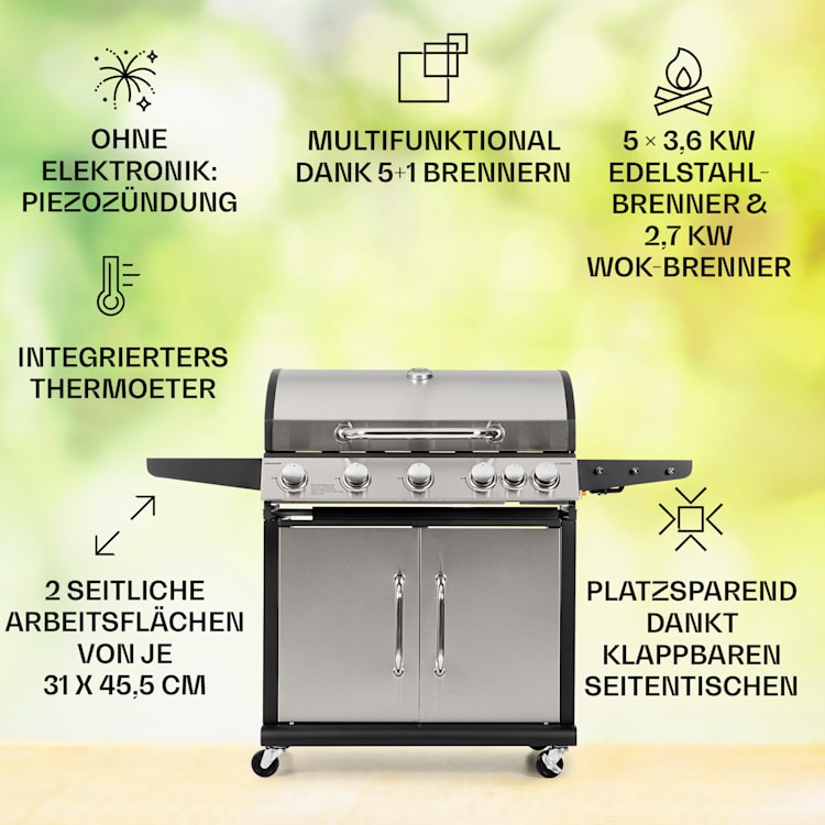 Tomahawk Gasgrill 5x3,6 kW + 2,7 kW Brenner 80x43,5 cm Grill Edelstahl
