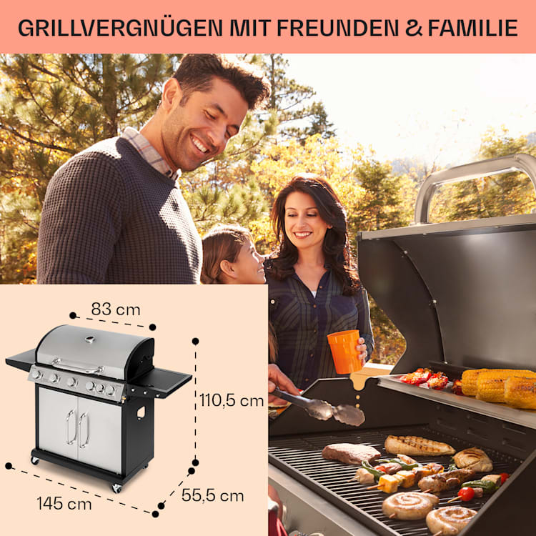 Tomahawk Gasgrill 5x3,6 kW + 2,7 kW Brenner 80x43,5 cm Grill Edelstahl