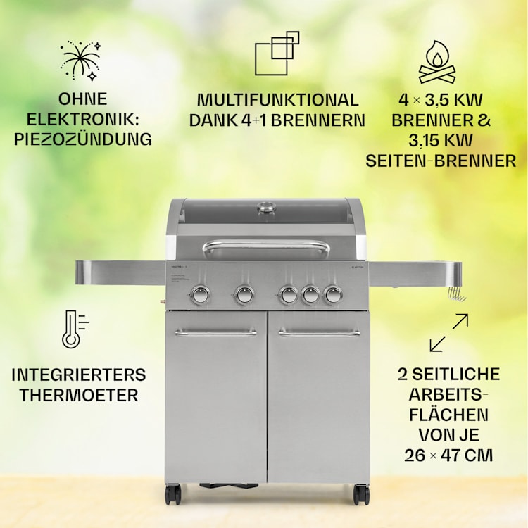 Valkyrie Gasgrill 4x3,5 kW + 3,15 kW Brenner 74x44 cm Grill Edelstahl 5 Brenner