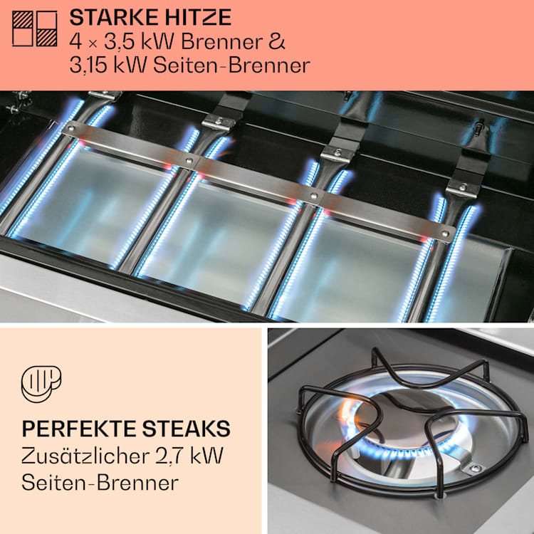 Valkyrie Gasgrill 4x3,5 kW + 3,15 kW Brenner 74x44 cm Grill Edelstahl 5 Brenner