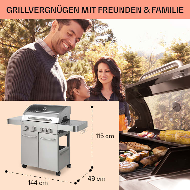 Valkyrie Gasgrill 4x3,5 kW + 3,15 kW Brenner 74x44 cm Grill Edelstahl 5 Brenner