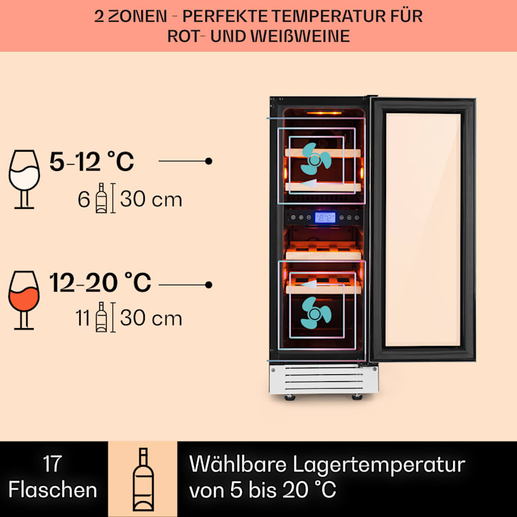 Vinovilla 17 Built-In Duo Zweizonen-Weinkühlschrank 53l 17 Fl. 3-Farben Glastür 17 Flaschen | 2 Kühlzonen | Weiß
