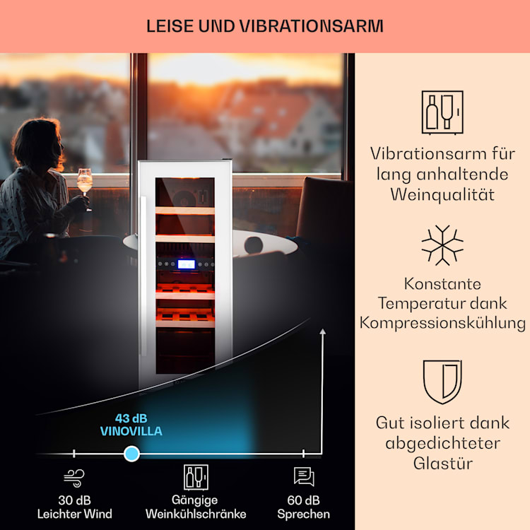 Vinovilla 17 Built-In Duo Zweizonen-Weinkühlschrank 53l 17 Fl. 3-Farben Glastür 17 Flaschen | 2 Kühlzonen | Weiß