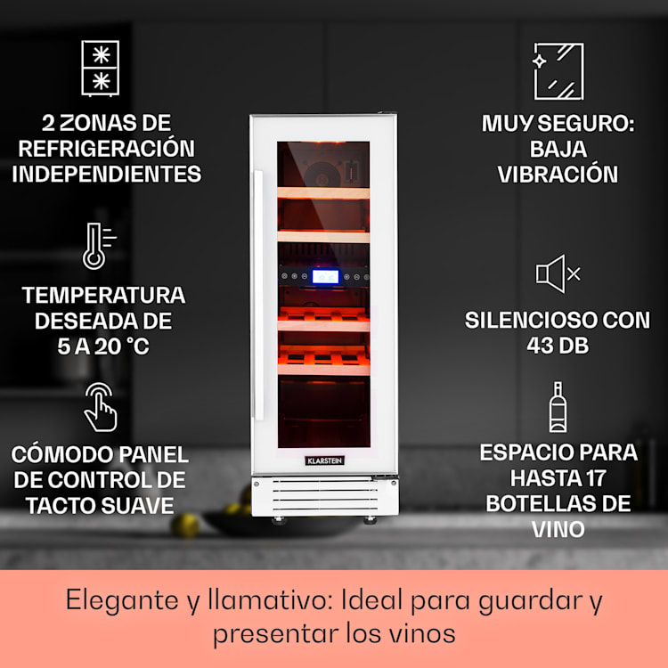 Vinovilla 17 Built-In Duo Nevera doble para vinos, 53 litros, 17 botellas, puerta de cristal y 3 colores 17 botellas | 2 zonas de refrigeración | Blanco