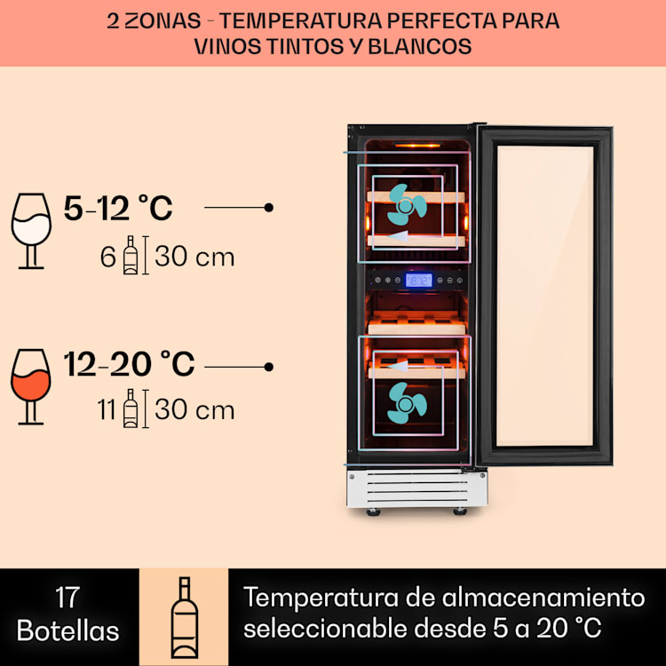 Vinovilla 17 Built-In Duo Nevera doble para vinos, 53 litros, 17 botellas, puerta de cristal y 3 colores 17 botellas | 2 zonas de refrigeración | Blanco