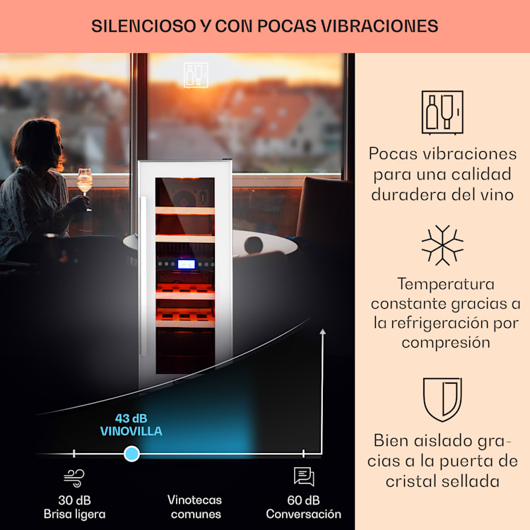 Vinovilla 17 Built-In Duo Nevera doble para vinos, 53 litros, 17 botellas, puerta de cristal y 3 colores 17 botellas | 2 zonas de refrigeración | Blanco