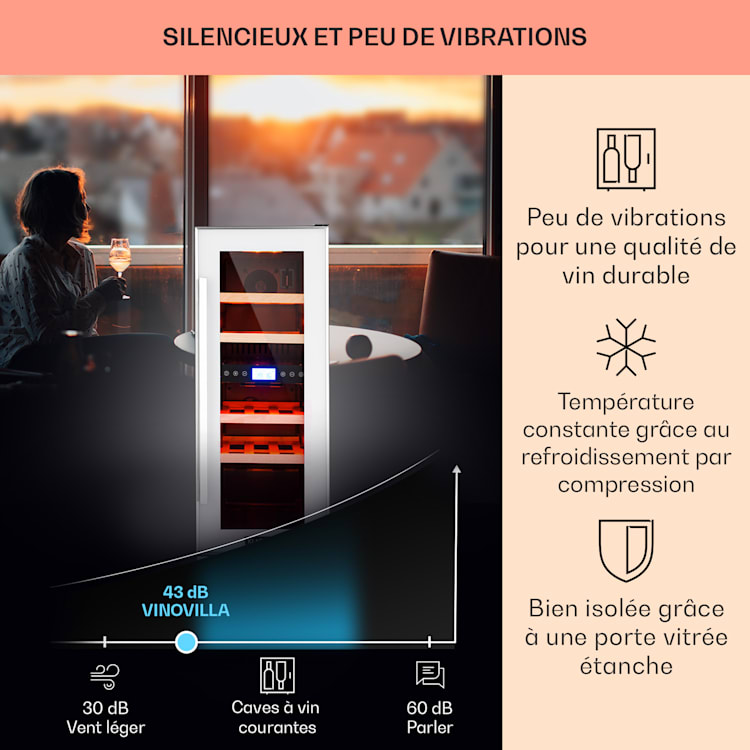 Vinovilla 17 Built-In Duo twee zones wijnkoelkast 53l 17 fl. 3-kleuren glazen deur 17 flessen | 2 koelzones | Wit
