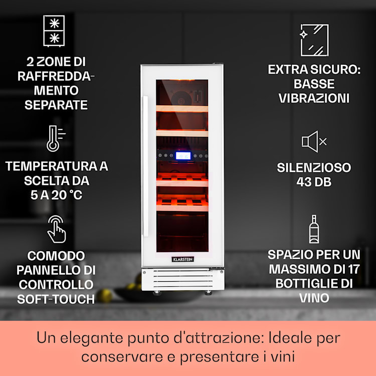 Cantinetta-frigo per vini Vinovilla 17 Built-In Duo a due zone 53l 17 bott. 3 colori anta in vetro 17 bottiglie | 2 zone di raffreddamento | Bianco