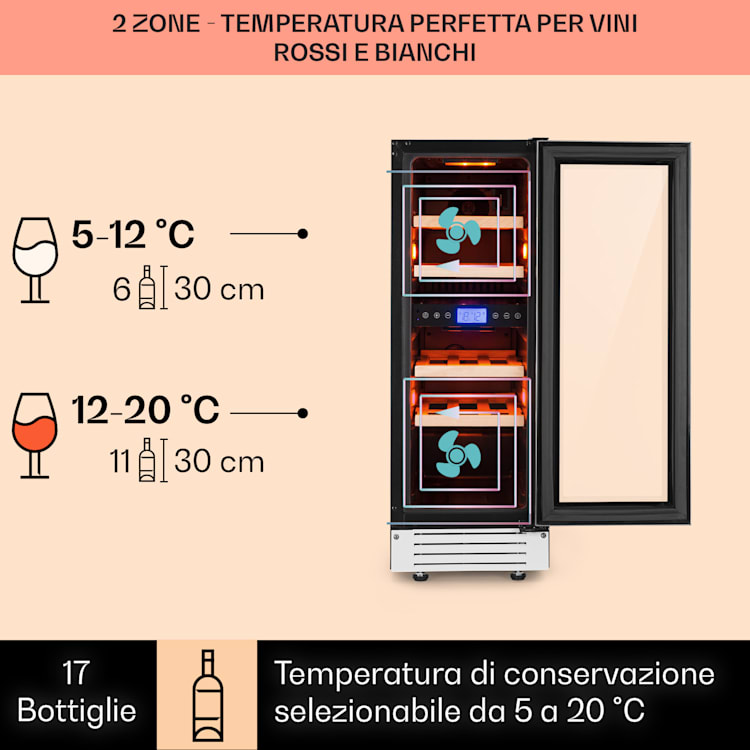Cantinetta-frigo per vini Vinovilla 17 Built-In Duo a due zone 53l 17 bott. 3 colori anta in vetro 17 bottiglie | 2 zone di raffreddamento | Bianco