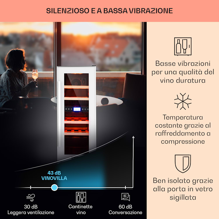 Cantinetta-frigo per vini Vinovilla 17 Built-In Duo a due zone 53l 17 bott. 3 colori anta in vetro 17 bottiglie | 2 zone di raffreddamento | Bianco