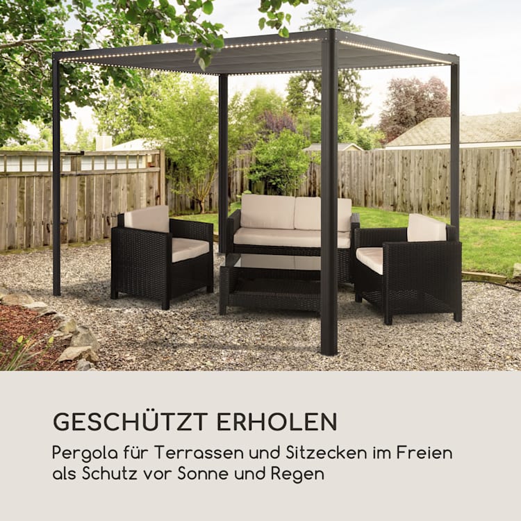 Pantheon RemoteShade Ambient Pavillon motorisiertes Dach 3x3m LED-Licht 280g/m² Polyester Aluminium grau Mit LED-Licht