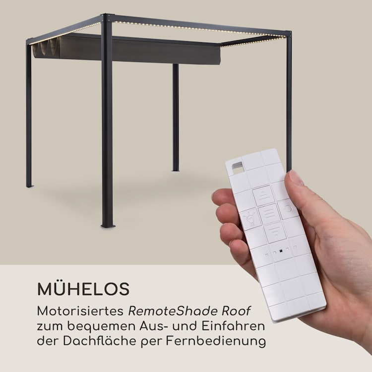 Pantheon RemoteShade Ambient Pavillon motorisiertes Dach 3x3m LED-Licht 280g/m² Polyester Aluminium grau Mit LED-Licht