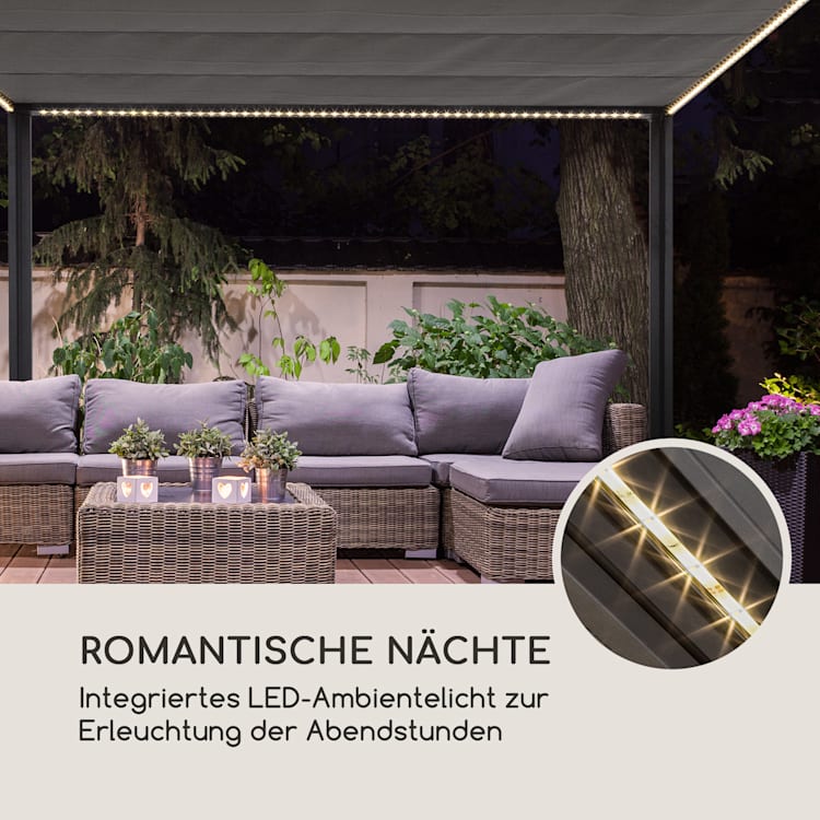 Pantheon RemoteShade Ambient Pavillon motorisiertes Dach 3x3m LED-Licht 280g/m² Polyester Aluminium grau Mit LED-Licht