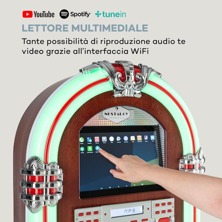 Graceland Touch Jukebox 12" Pannello Touch Wi-Fi, CD, BT, effetto legno CD-Player / Bluetooth / Touchscreen
