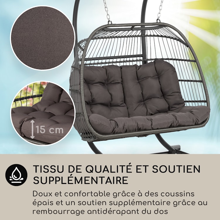 Biarritz Double hangstoel tweezits zitkussen polyester aluminium polyrotan 260 kg Tweezits | Donkergrijs
