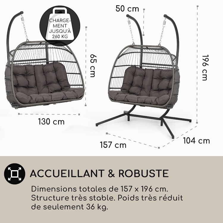 Biarritz Double hangstoel tweezits zitkussen polyester aluminium polyrotan 260 kg Tweezits | Donkergrijs