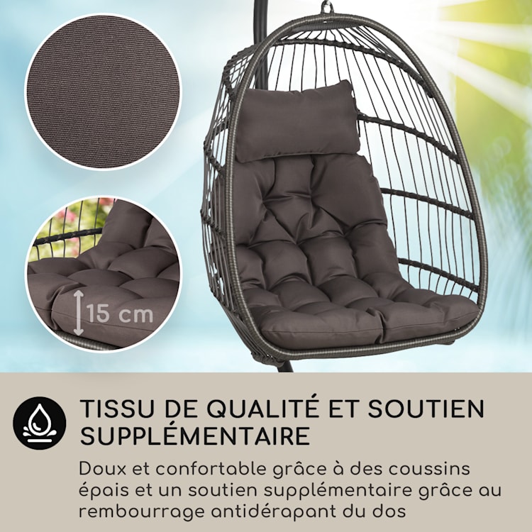 Biarritz Fauteuil suspendu individuel Coussin d'assise polyester Aluminium Polyrotin 130 kg Monoplace | Gris Foncé