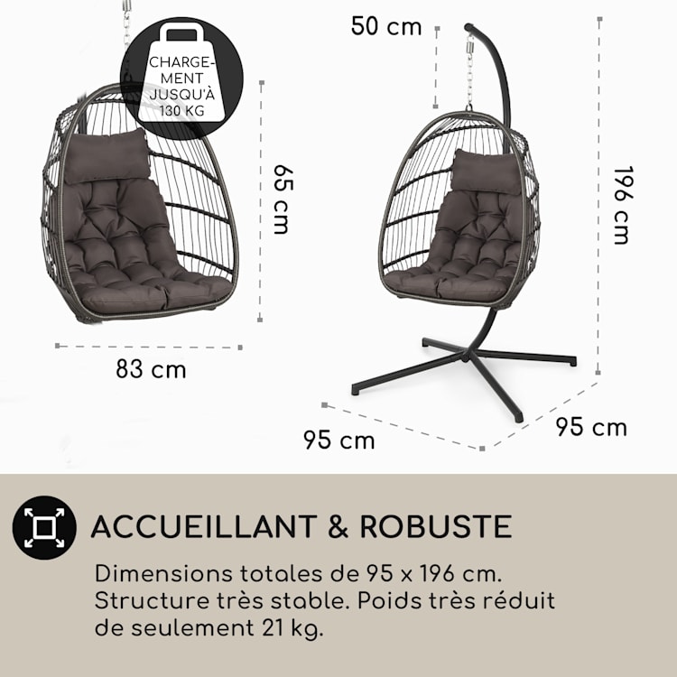 Biarritz Fauteuil suspendu individuel Coussin d'assise polyester Aluminium Polyrotin 130 kg Monoplace | Gris Foncé