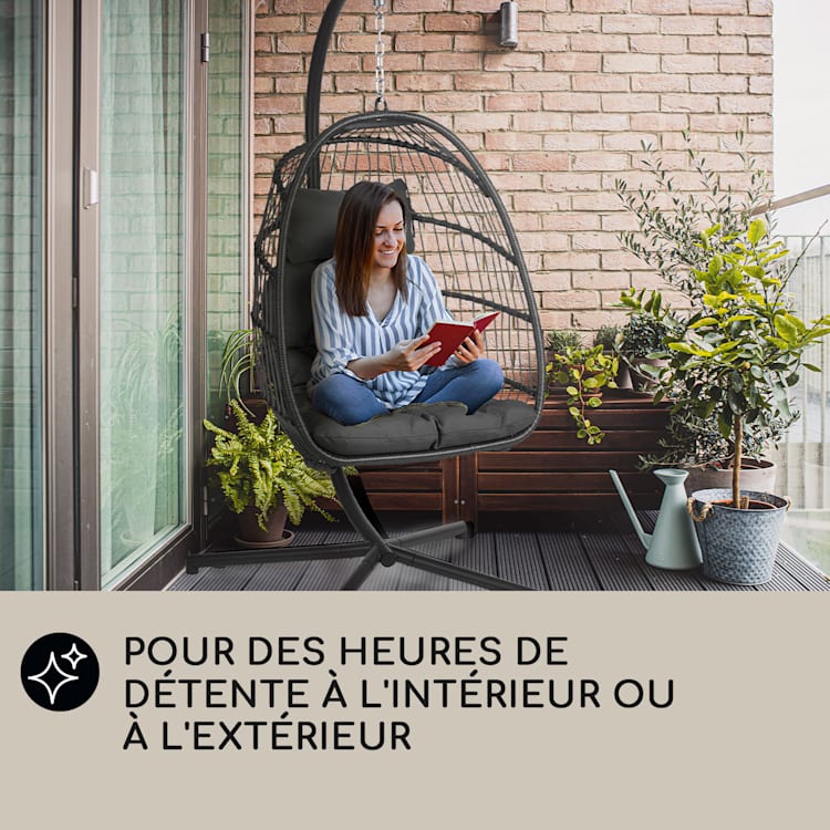 Biarritz Fauteuil suspendu individuel Coussin d'assise polyester Aluminium Polyrotin 130 kg Monoplace | Gris Foncé