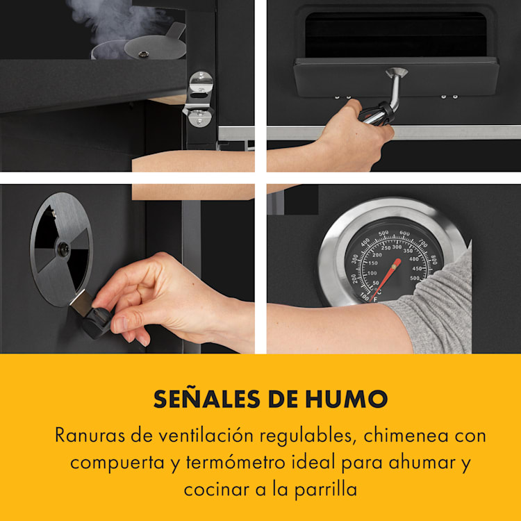 Meat Machine Barbacoa de carbón vegetal de 45x32,5 cm con termómetro y ruedas Negra
