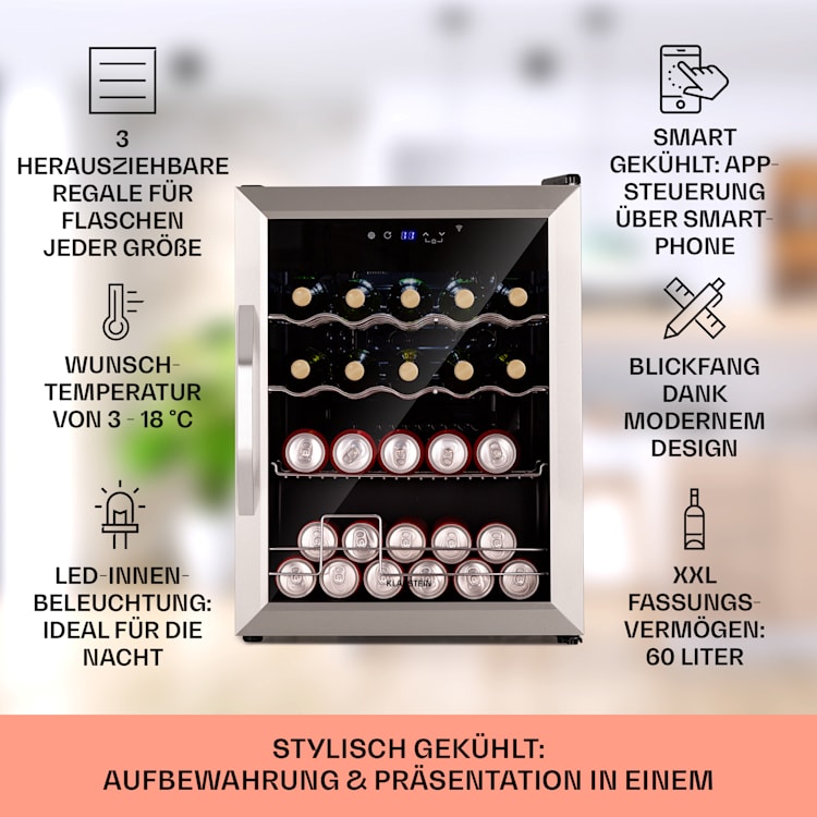 Coachella 60 Kühlschrank 60 Liter WiFi-Funktion Hintergrundbeleuchtung 60 Ltr | Edelstahl