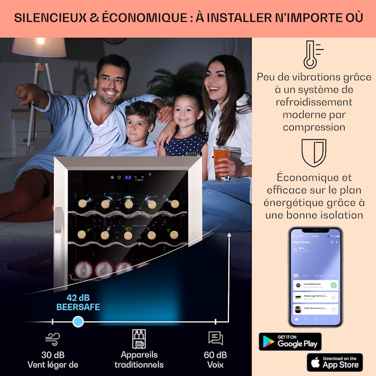 Coachella 60 Réfrigérateur 60 litres fonction WiFi rétro-éclairage 60 L | Acier Inoxydable