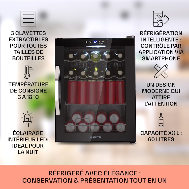 Coachella 60 Réfrigérateur 60 litres fonction WiFi rétro-éclairage 60 L | Noir