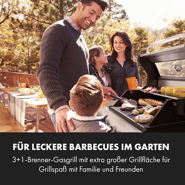Valkyrie Gasgrill 3x3,2 + 2,9 kW Sichtfenster 54x42 cm Grill Edelstahl 4 Brenner
