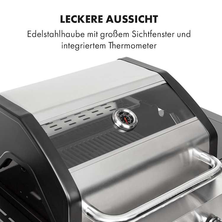 Valkyrie Gasgrill 3x3,2 + 2,9 kW Sichtfenster 54x42 cm Grill Edelstahl 4 Brenner