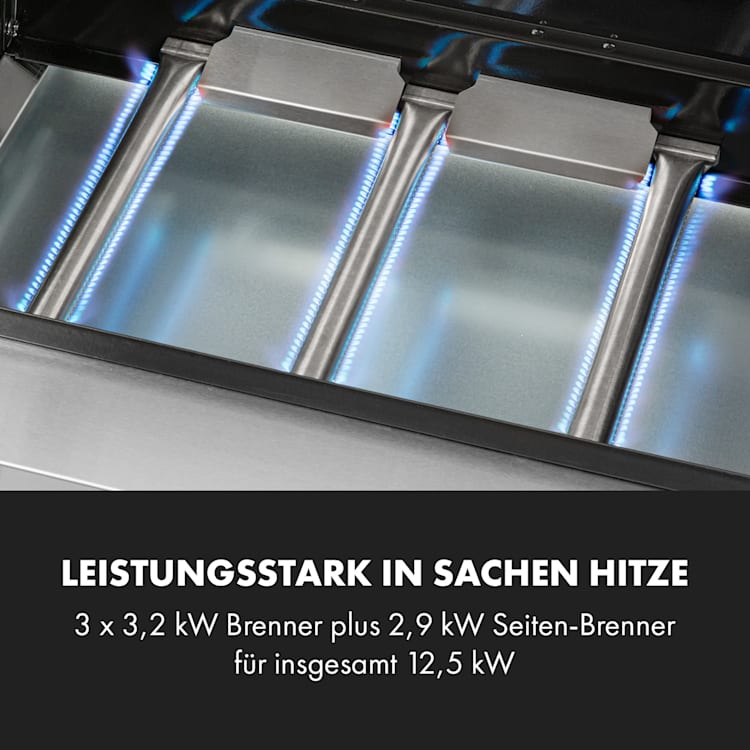 Valkyrie Gasgrill 3x3,2 + 2,9 kW Sichtfenster 54x42 cm Grill Edelstahl 4 Brenner
