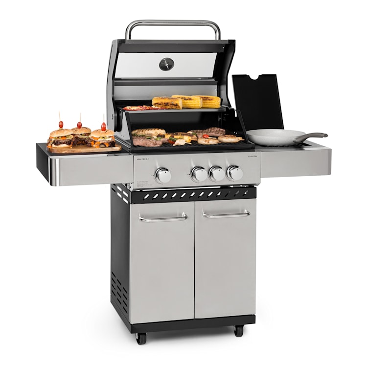 Valkyrie Gasgrill 3x3,2 + 2,9 kW Sichtfenster 54x42 cm Grill Edelstahl 4 Brenner