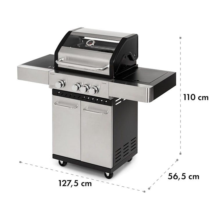 Valkyrie Gasgrill 3x3,2 + 2,9 kW Sichtfenster 54x42 cm Grill Edelstahl 4 Brenner