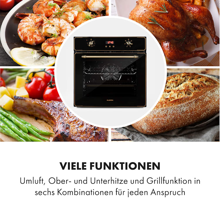 Elizabeth Einbaubackofen Retro 2200 Watt 70l Messingoptik Display Schwarz