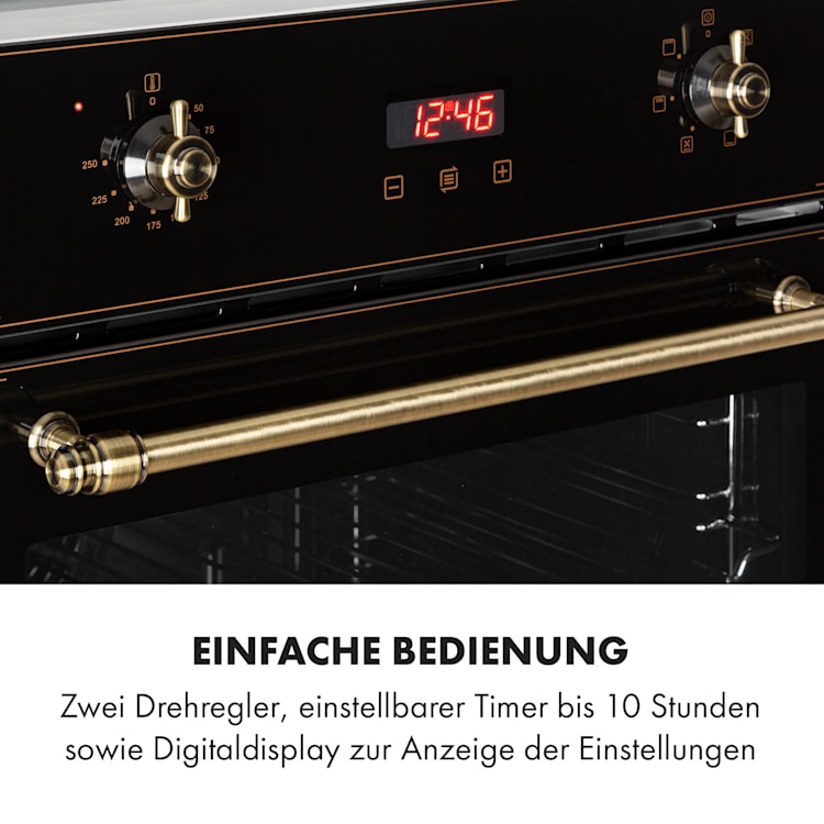 Elizabeth Einbaubackofen Retro 2200 Watt 70l Messingoptik Display Schwarz