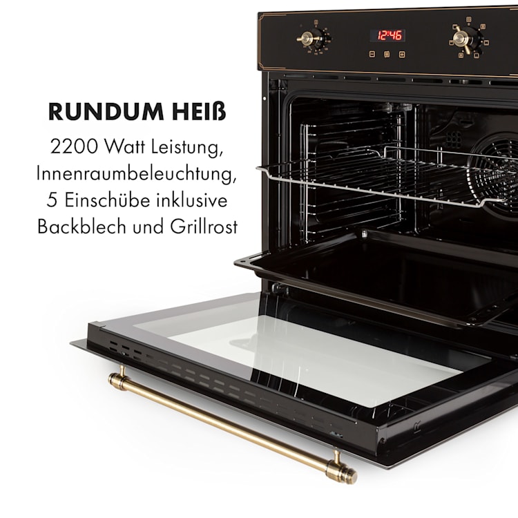 Elizabeth Einbaubackofen Retro 2200 Watt 70l Messingoptik Display Schwarz