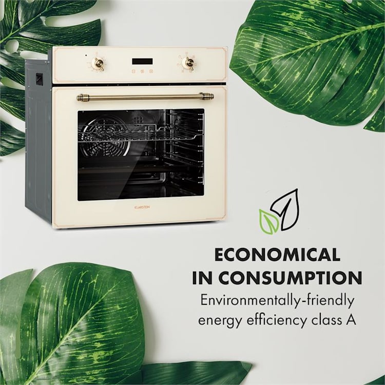 Elizabeth Elektrischer Einbaubackofen | Retro-Design | Umluft / Oberhitze / Unterhitze / Grill | 2200 Watt | 70 l Volumen | EEK A | Temperatur: 50 - 250 °C | Messingoptik | Garzeittimer: bis 10 h | Display Creme