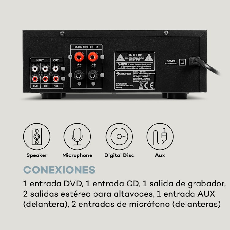 AMP-5 BT Amplificador de alta fidelidad de 2 x 50 W RMS BT 2 entradas para micrófonos Negro