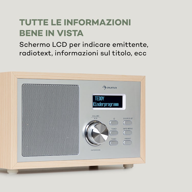 Ambient Radio DAB+/FM BT 5.0 AUX-In LCD Sveglia Effetto Legno marrone Pino