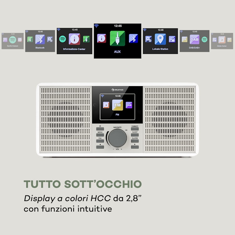 IR-260 Web Radio Wi-Fi USB AUX UPnP Display HCC 2.8" Telecomando bianco Bianco