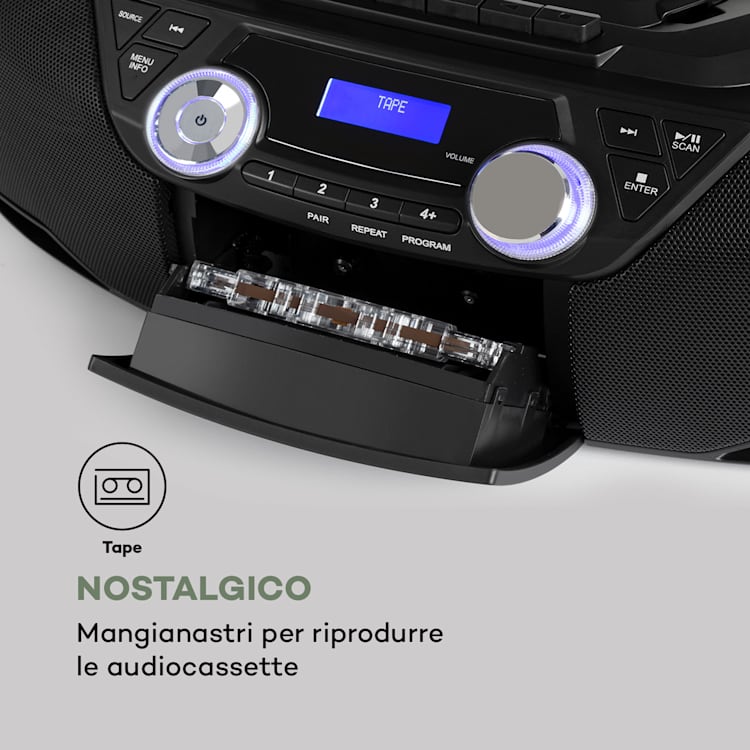 Roadie 2K Boombox Lettore CD Cassette DAB/DAB+ FM Bluetooth nero Nero