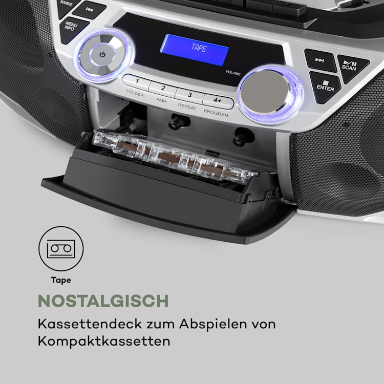 Roadie 2K Boombox CD-Player Kassettenradio DAB/DAB+ UKW Bluetooth silber Silber