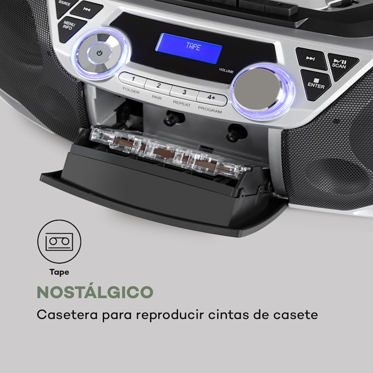 Roadie 2K Radiocasetera Reproductor de CD Radio DAB/DAB+ FM Bluetooth Plateada Plata