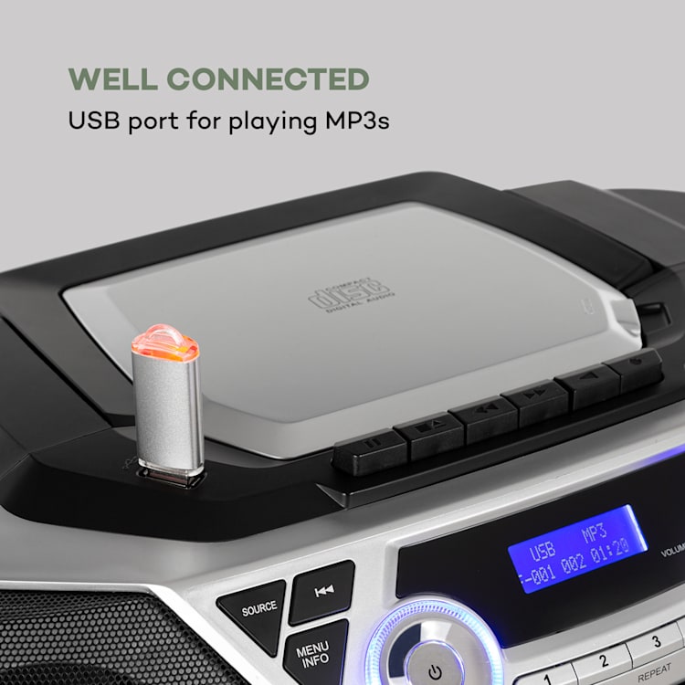 Roadie 2K, boombox, CD prehrávač, kazetové rádio, DAB/DAB+, UKW, bluetooth, strieborný Strieborná