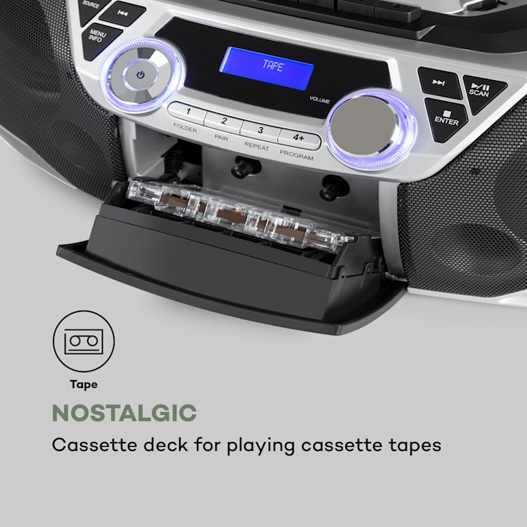 Roadie 2K, boombox, CD prehrávač, kazetové rádio, DAB/DAB+, UKW, bluetooth, strieborný Strieborná