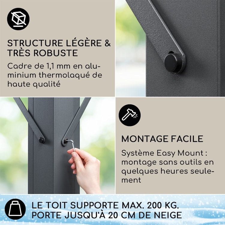 Pantheon Solid Sky Flat Pergola auvent 3x3m polycarbonate gris