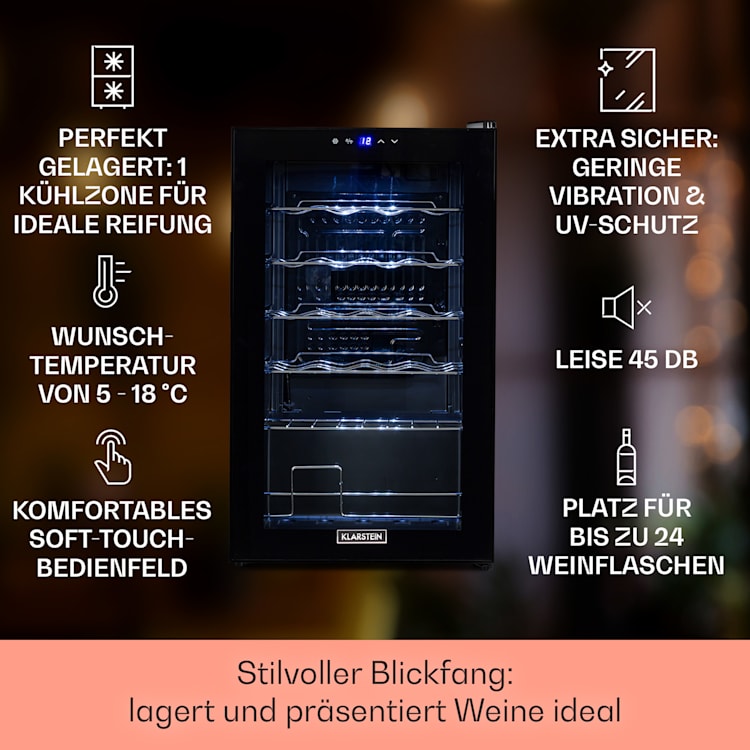 Shiraz 24 Uno Weinkühlschrank 63l 24Fl Touch-Bedienfeld 5-18°C 67 Liter / 24 Flaschen | Schwarz