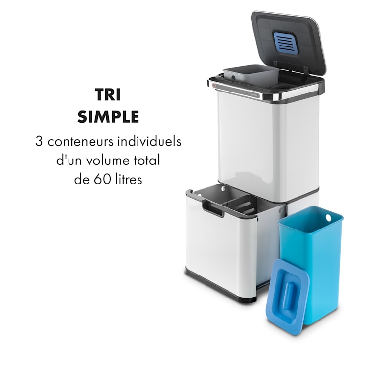 Touchless Ultraclean poubelle à capteur 60L 3 contenants acier inoxydable blanche Blanc