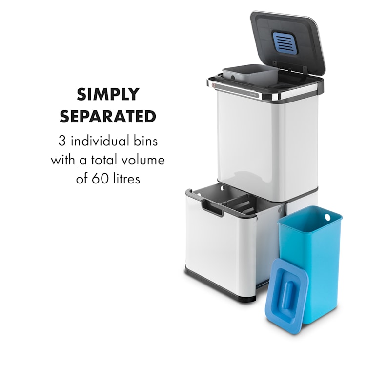 Touchless, Ultraclean Sensor Rubbish Bin, 60L, 3 Containers, Stainless Steel, White White