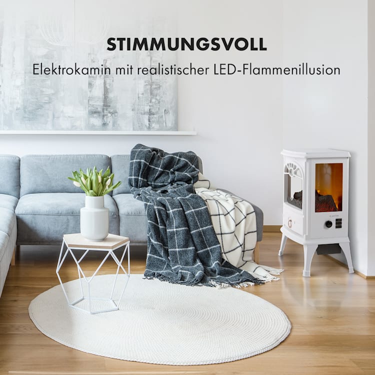 Leoben Elektrischer Kamin 900 / 1800 W Thermostat PanoramaView Weiß