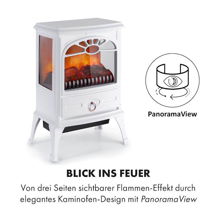 Leoben Elektrischer Kamin 900 / 1800 W Thermostat PanoramaView Weiß